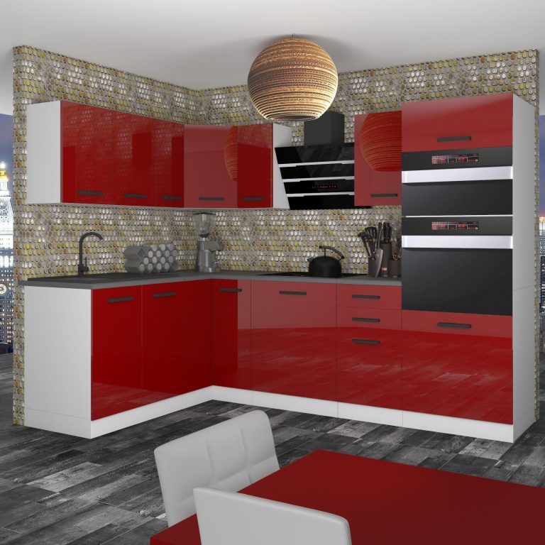 Belini Cucina angolare Premium 420 cm rosso lucido senza piano di lavoro MELANIE Produttore INF MELANIE/0/WT/R/0/B1
