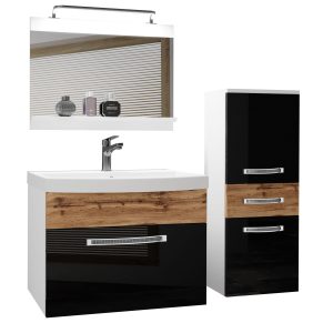 Mobili da bagno Belini Premium Full Version nero lucido / rovere Wotan + lavabo + specchio + illuminazione LED Glamour 38 Produttore