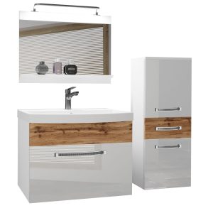 Mobili da bagno Belini Premium Versione completa bianco lucido / rovere Wotan + lavabo + specchio + illuminazione LED Glamour 36 Produttore