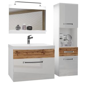 Mobili da bagno Belini Premium Versione completa bianco lucido / rovere Wotan + lavabo + specchio + illuminazione LED Glamour 55 Produttore