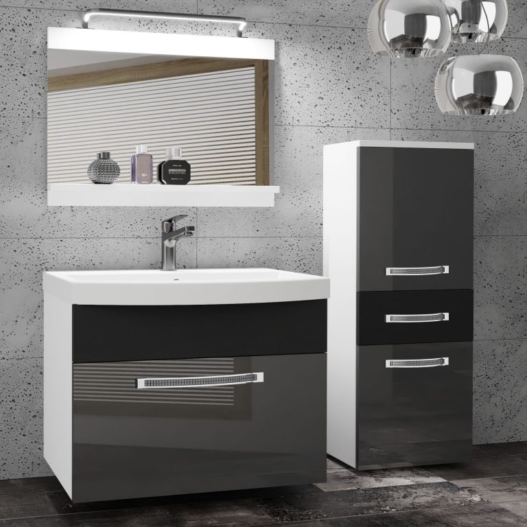 Belini Set Completo Bagno Con Lavabo, Mobile, Specchio E Lampada A Led, Colore Nero E Legno Quercia Opaco