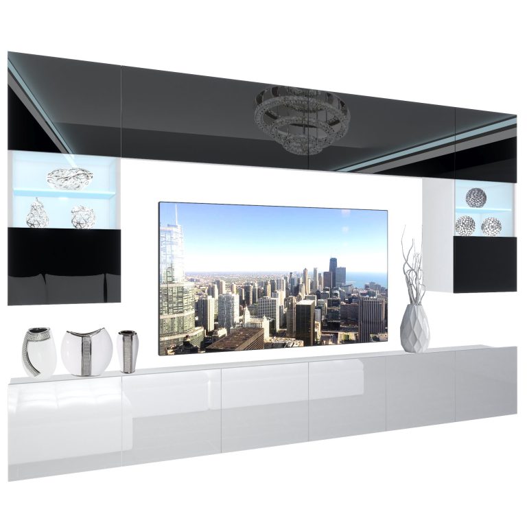 Parete attrezzata Belini Premium Versione completa Bianco lucido-nero + Illuminazione LED Nexum 2 Produttore NEX 1/0/W/BW/0/0/PP