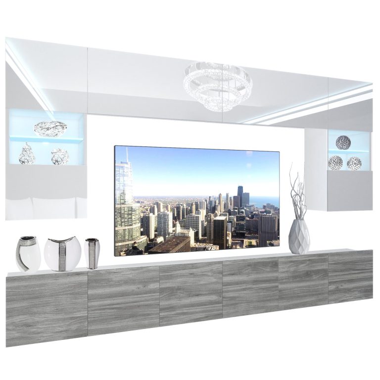 Parete attrezzata Belini Premium Versione completa Bianco lucido / Grigio antracite Glamour Wood + Illuminazione LED Nexum 133 Produttore NEX 1/0/W/WGW1/0/0/PP
