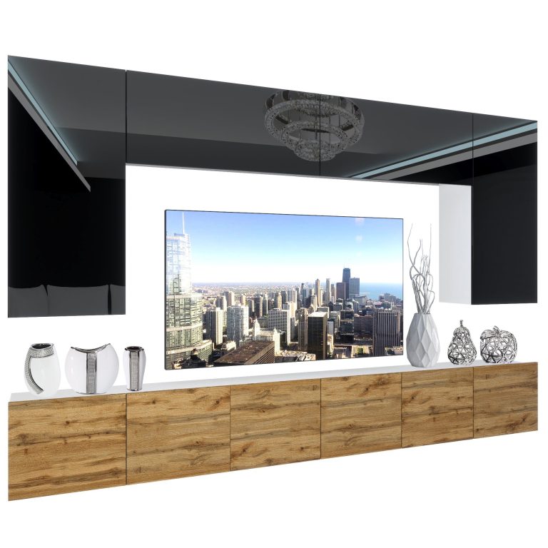 Parete attrezzata Belini Premium Versione completa Nero lucido/ Rovere Wotan + Illuminazione LED Nexum 29 Produttore NEX 2/0/W/BDW/0/0/ PP