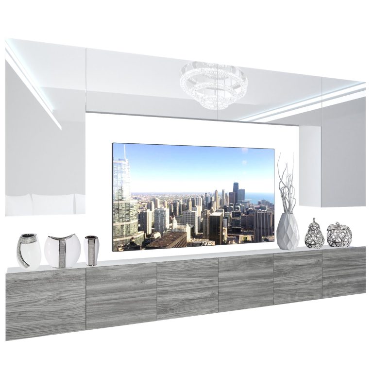 Parete attrezzata Belini Premium Versione completa Bianco lucido-Grigio antracite Glamour Wood + Illuminazione LED Nexum 20 Produttore NEX 2/0/W/WGW1/0/0/PP
