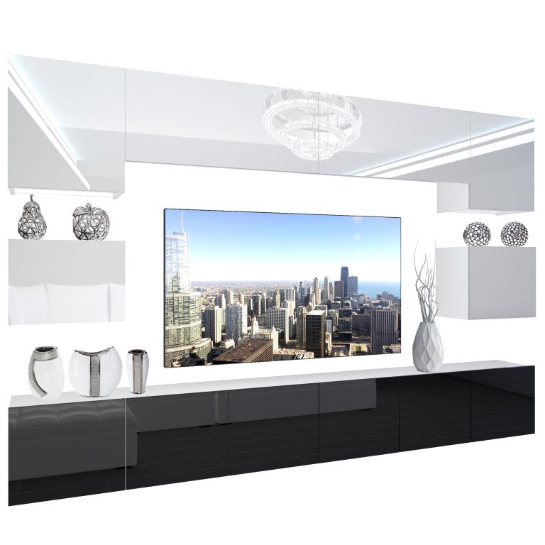 Parete attrezzata Belini Premium Versione completa Bianco lucido-nero + Illuminazione LED Nexum 36 Produttore NEX 3/0/W/WB/0/0/PP