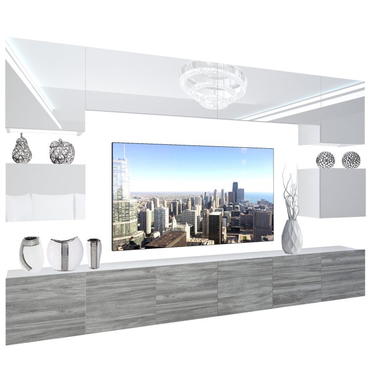 Parete attrezzata Belini Premium Versione completa Bianco lucido / Grigio antracite Glamour Wood + Illuminazione LED Nexum 40 Produttore NEX 3/0/W/WGW1/0/0/PP