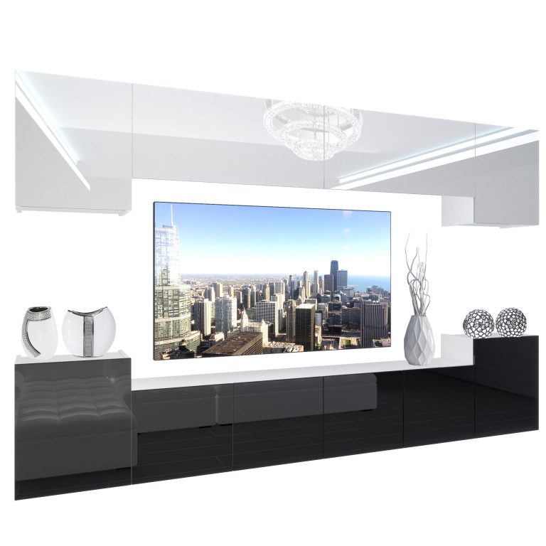 Parete attrezzata Belini Premium Versione completa Bianco lucido / Nero lucido + Illuminazione LED Nexum 135 Produttore NEX 4/0/W/WB/0/0/PP