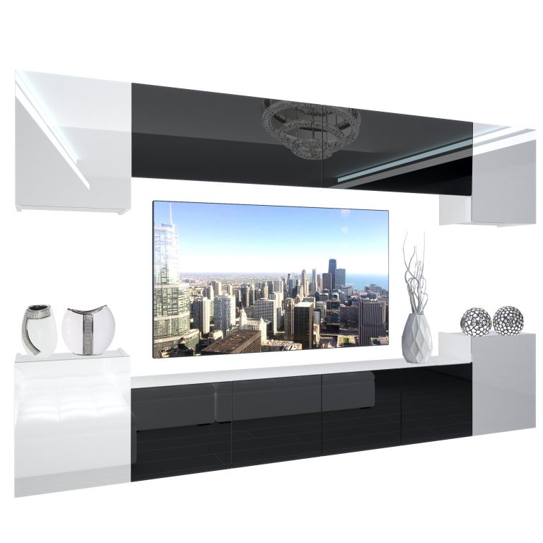 Parete attrezzata Belini Premium Versione completa Bianco lucido-nero + Illuminazione LED Nexum 56 Produttore NEX 4/0/W/WBWB/0/0/PP