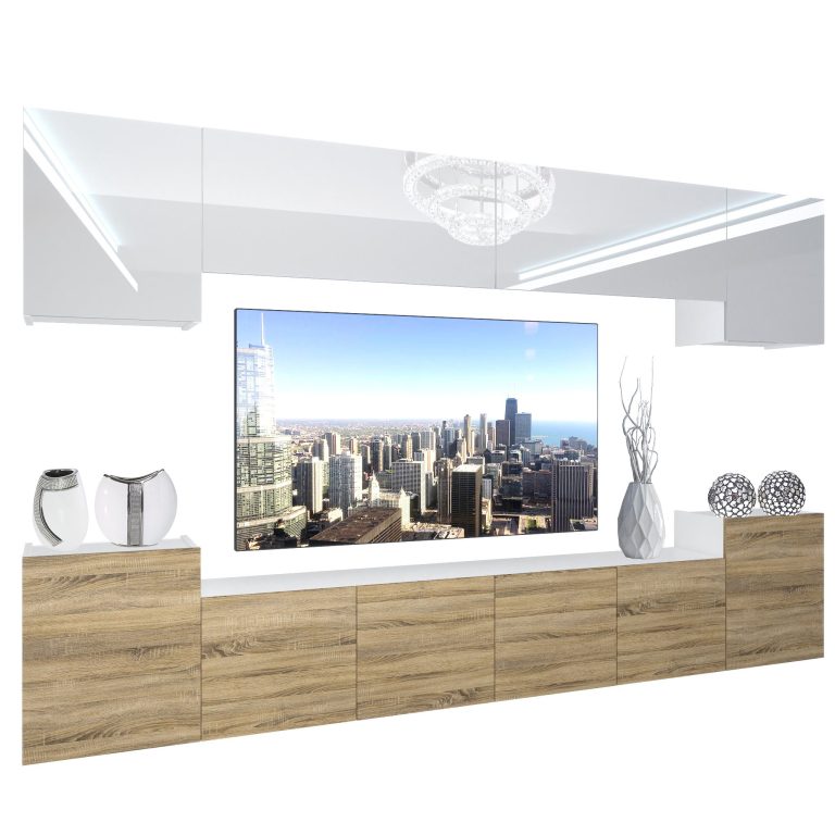 Parete attrezzata Belini Premium Versione completa Bianco lucido-Rovere Sonoma + Illuminazione LED Nexum 59 Produttore NEX 4/0/W/WDS/0/0/PP