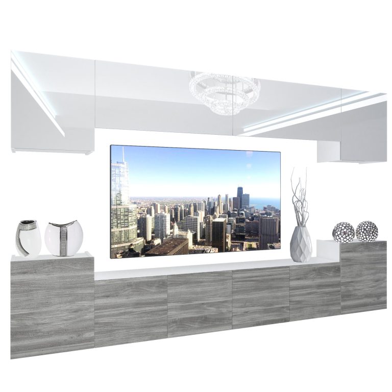 Parete attrezzata Belini Premium Versione completa Bianco lucido-Grigio antracite Glamour Wood + Illuminazione LED Nexum 58 Produttore NEX 4/0/W/WGW1/0/0/PP