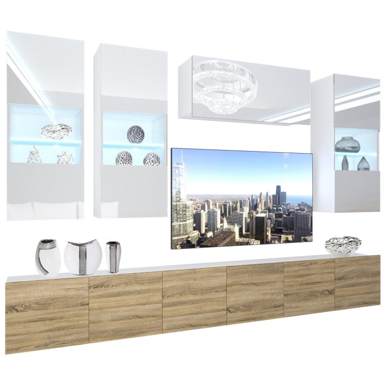 Parete attrezzata Belini Premium Versione completa Bianco lucido / Rovere Sonoma + Illuminazione LED Nexum 77 Produttore NEX 5/0/W/WDS/0/0/PP