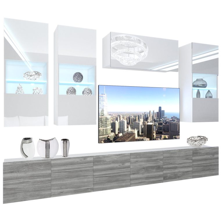 Parete attrezzata Belini Premium Versione completa Bianco lucido-Grigio antracite Glamour Wood + Illuminazione LED Nexum 76 Produttore NEX 5/0/W/WGW1/0/0/PP