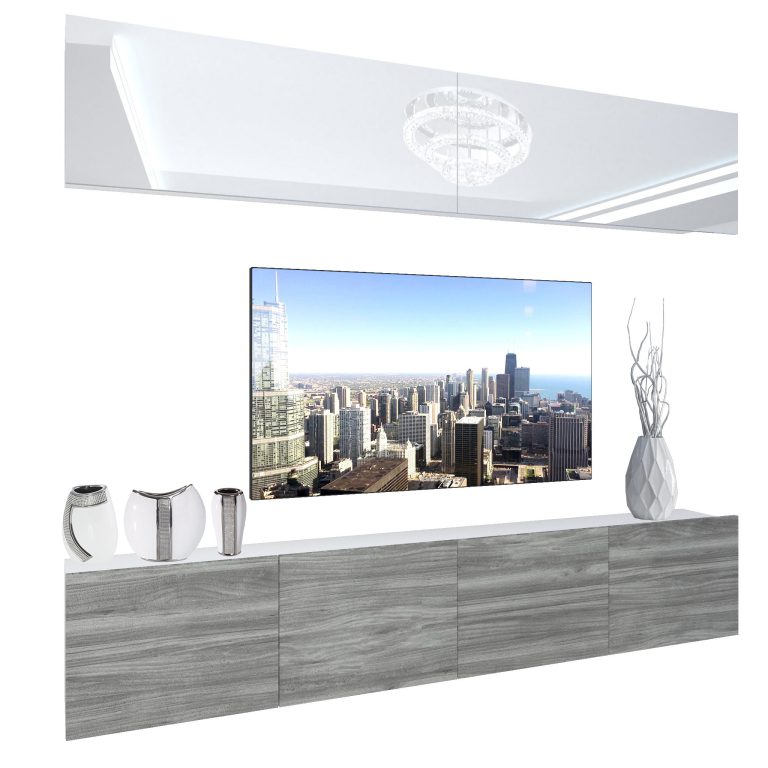Parete attrezzata Belini Premium Versione completa Bianco lucido / Grigio antracite Glamour Wood + Illuminazione LED Nexum 87 Produttore NEX 6/0/W/WGW1/0/0/PP