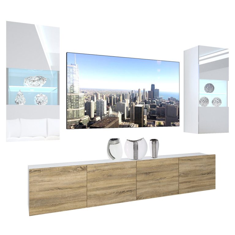 Parete attrezzata Belini Premium Versione completa Bianco lucido / Rovere Sonoma + Illuminazione LED Nexum 102 Produttore NEX 7/0/W/WDS/0/0/PP