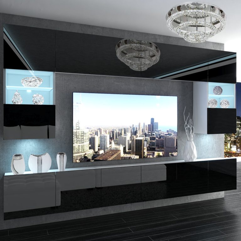 Parete attrezzata Belini Premium Versione completa Nero lucido + Illuminazione LED Nexum 9 Produttore NEX 1/0/W/B/0/0/PP