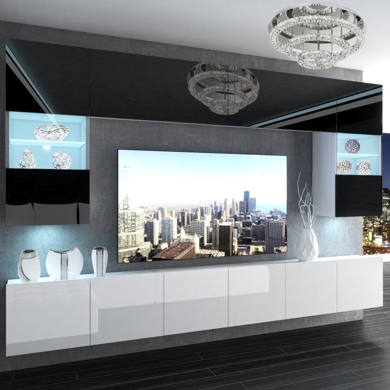 Parete attrezzata Belini Premium Versione completa Bianco lucido-nero + Illuminazione LED Nexum 2 Produttore NEX 1/0/W/BW/0/0/PP