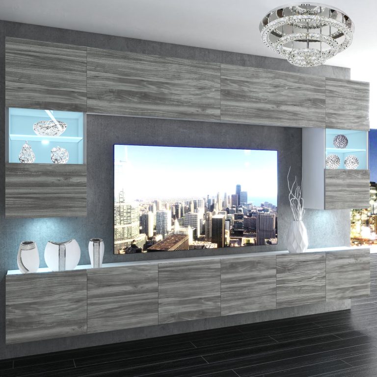 Parete attrezzata Belini Premium Versione completa Grigio antracite Glamour Wood + Illuminazione LED Nexum 11 Produttore NEX 1/0/W/GW1/0/0/PP