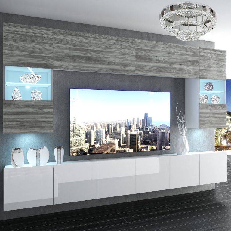 Parete attrezzata Belini Premium Versione completa Grigio antracite Glamour Wood / Bianco lucido + Illuminazione LED Nexum 3 Produttore NEX 1/0/W/GW1W/0/0/PP