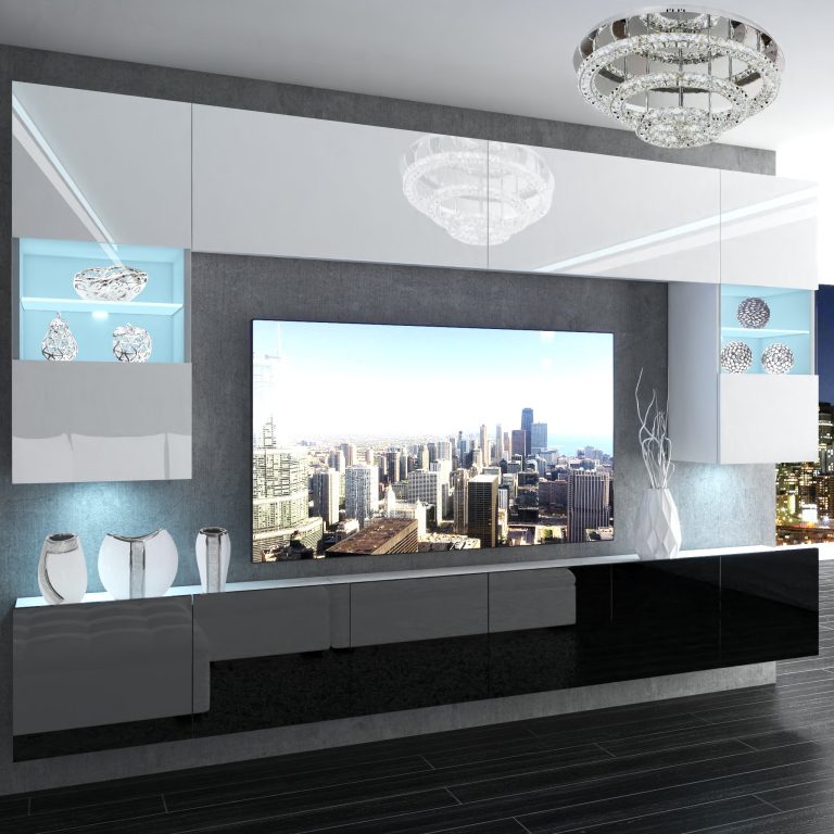 Parete attrezzata Belini Premium Versione completa Bianco lucido / Nero lucido + Illuminazione LED Nexum 134 Produttore NEX 1/0/W/WB/0/0/PP