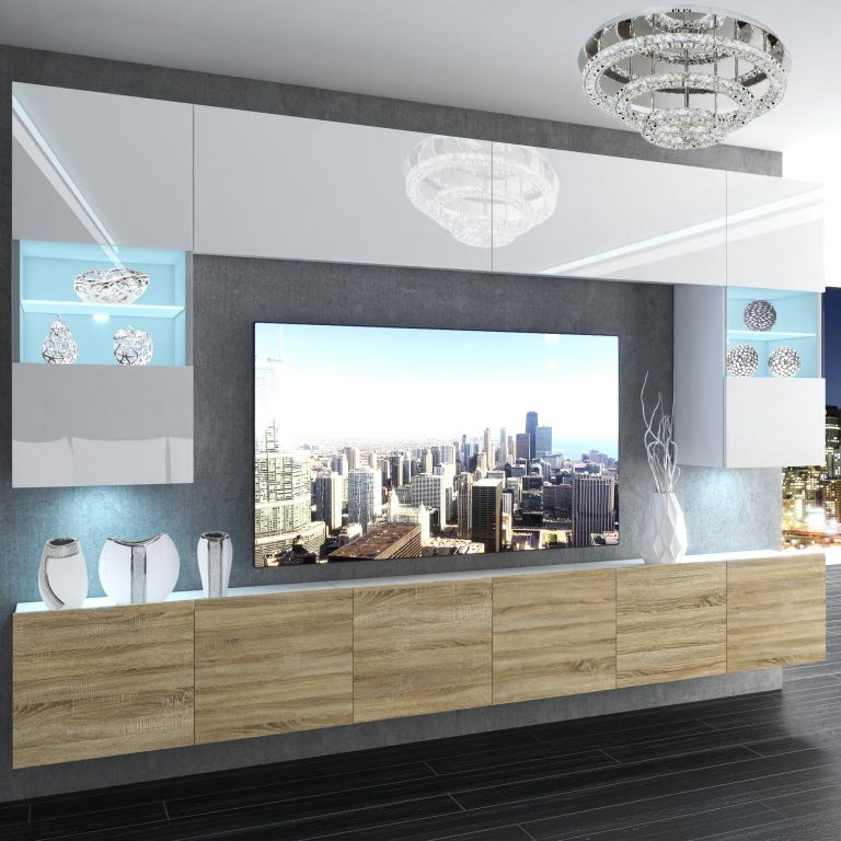 Parete attrezzata Belini Premium Versione completa Bianco lucido-Rovere Sonoma + Illuminazione LED Nexum 4 Produttore NEX 1/0/W/WDS/0/0/PP
