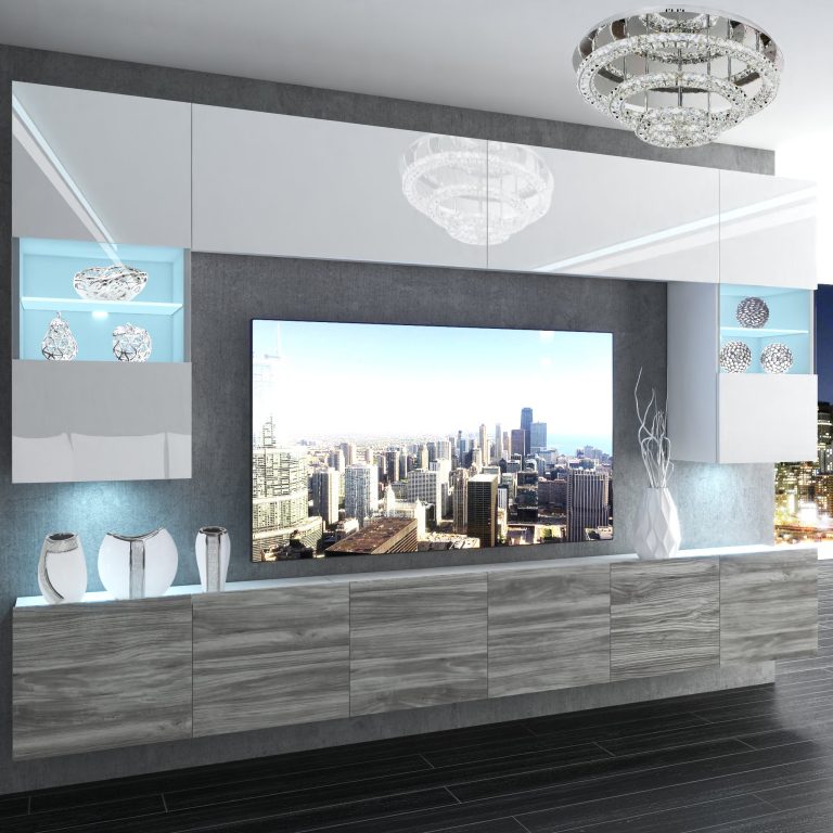 Parete attrezzata Belini Premium Versione completa Bianco lucido / Grigio antracite Glamour Wood + Illuminazione LED Nexum 133 Produttore NEX 1/0/W/WGW1/0/0/PP