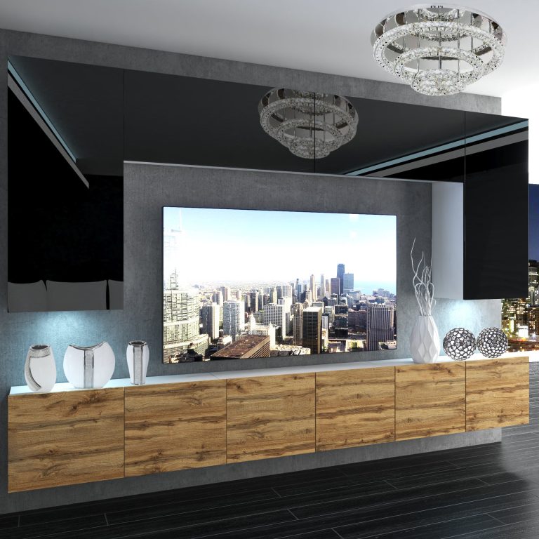 Parete attrezzata Belini Premium Versione completa Nero lucido/ Rovere Wotan + Illuminazione LED Nexum 29 Produttore NEX 2/0/W/BDW/0/0/ PP
