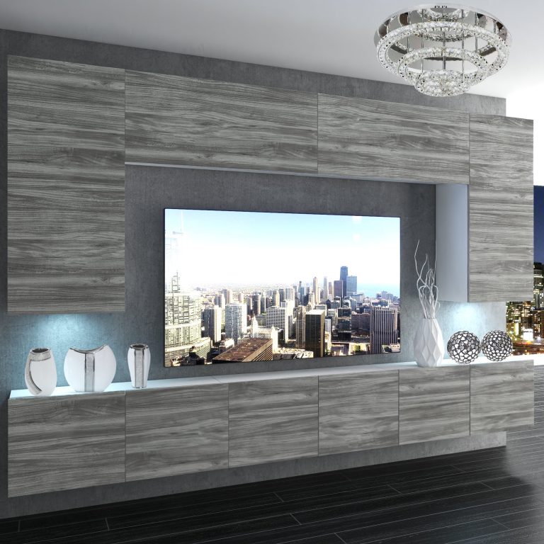 Parete attrezzata Belini Premium Versione completa Grigio antracite Glamour Wood + Illuminazione LED Nexum 33 Produttore NEX 2/0/W/GW1/0/0/PP