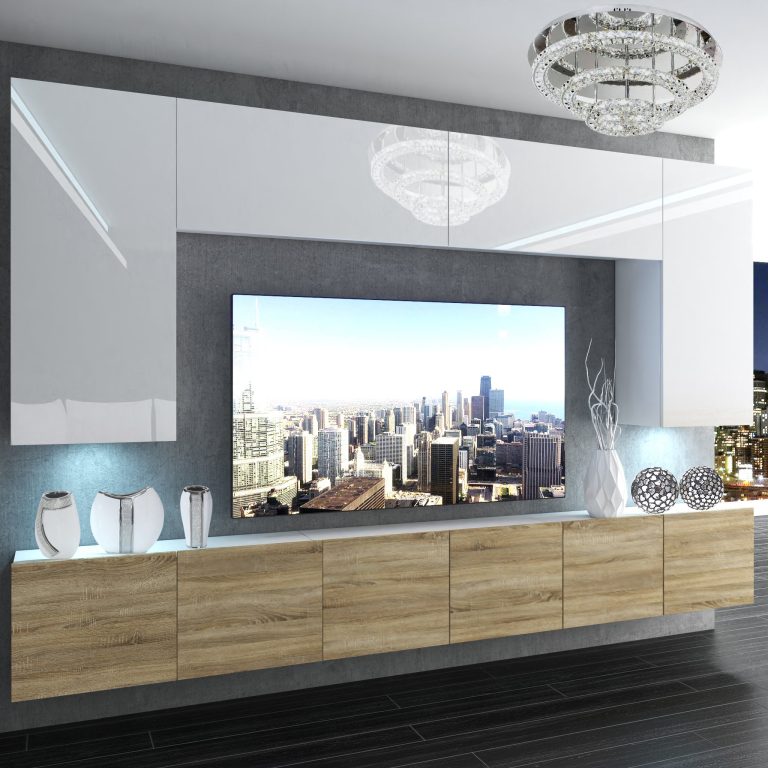 Parete attrezzata Belini Premium Versione completa Bianco lucido-Rovere Sonoma + Illuminazione LED Nexum 21 Produttore NEX 2/0/W/WDS/0/0/PP