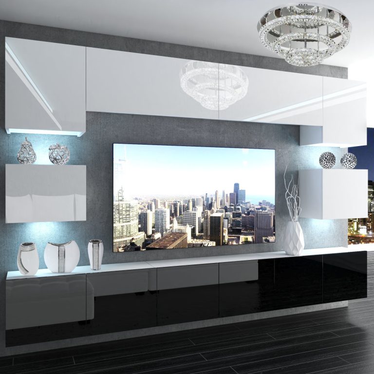 Parete attrezzata Belini Premium Versione completa Bianco lucido-nero + Illuminazione LED Nexum 36 Produttore NEX 3/0/W/WB/0/0/PP