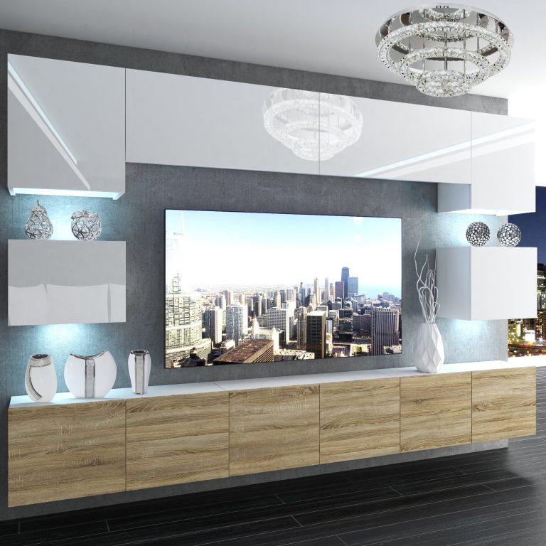 Parete attrezzata Belini Premium Versione completa Bianco lucido-Rovere Sonoma + Illuminazione LED Nexum 42 Produttore NEX 3/0/W/WDS/0/0/PP