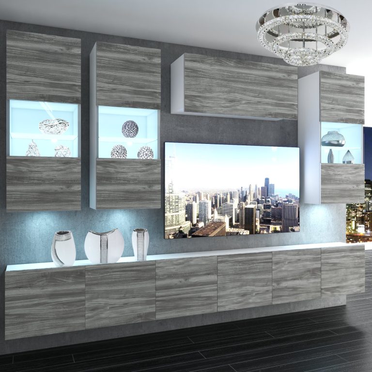 Parete attrezzata Belini Premium Versione completa Grigio antracite Glamour Wood + Illuminazione LED Nexum 83 Produttore NEX 5/0/W/GW1/0/0/PP