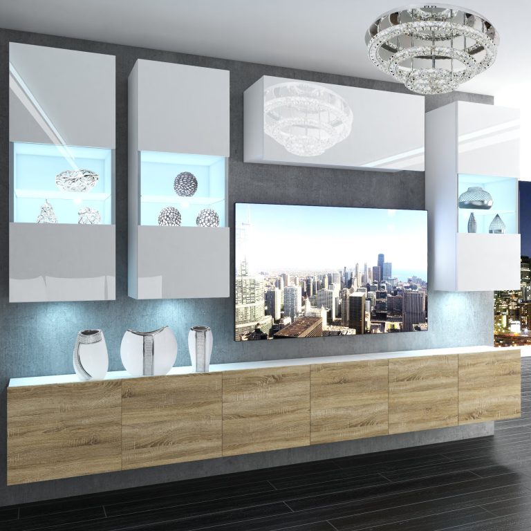 Parete attrezzata Belini Premium Versione completa Bianco lucido / Rovere Sonoma + Illuminazione LED Nexum 77 Produttore NEX 5/0/W/WDS/0/0/PP