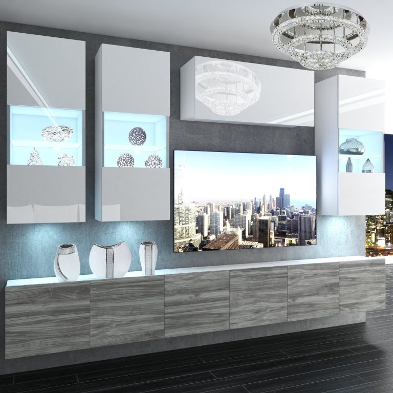 Parete attrezzata Belini Premium Versione completa Bianco lucido-Grigio antracite Glamour Wood + Illuminazione LED Nexum 76 Produttore NEX 5/0/W/WGW1/0/0/PP