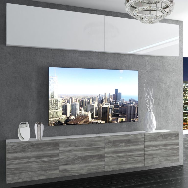 Parete attrezzata Belini Premium Versione completa Bianco lucido / Grigio antracite Glamour Wood + Illuminazione LED Nexum 87 Produttore NEX 6/0/W/WGW1/0/0/PP