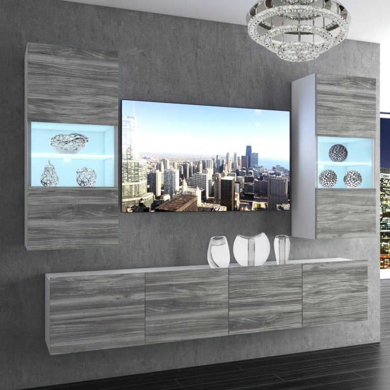 Parete attrezzata Belini Premium Versione completa Grigio antracite Glamour Wood + Illuminazione LED Nexum 111 Produttore NEX 7/0/W/GW1/0/0/PP