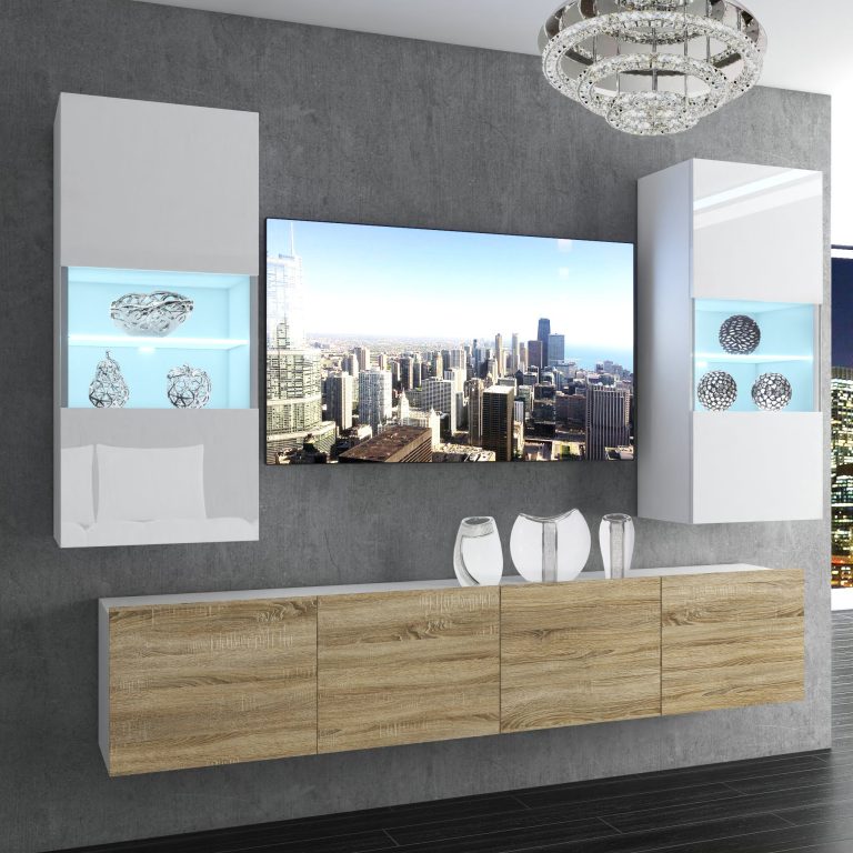 Parete attrezzata Belini Premium Versione completa Bianco lucido / Rovere Sonoma + Illuminazione LED Nexum 102 Produttore NEX 7/0/W/WDS/0/0/PP