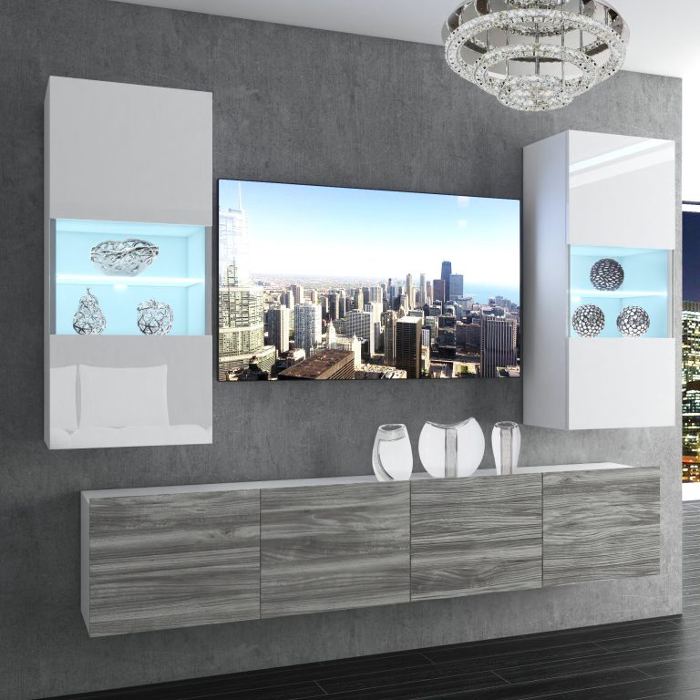 Parete attrezzata Belini Premium Versione completa Bianco lucido / Grigio antracite Glamour Wood + Illuminazione LED Nexum 101 Produttore NEX 7/0/W/WGW1/0/0/PP
