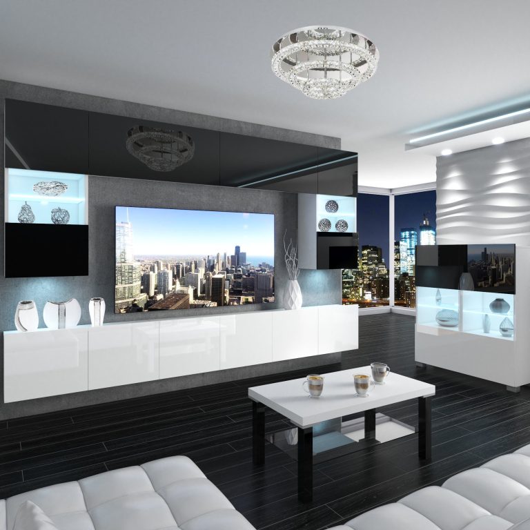 Parete attrezzata Belini Premium Versione completa Bianco lucido-nero + Illuminazione LED Nexum 2 Produttore NEX 1/0/W/BW/0/0/PP