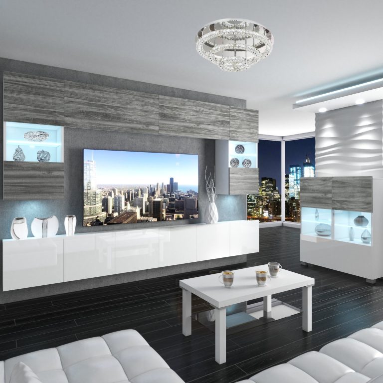 Parete attrezzata Belini Premium Versione completa Grigio antracite Glamour Wood / Bianco lucido + Illuminazione LED Nexum 3 Produttore NEX 1/0/W/GW1W/0/0/PP