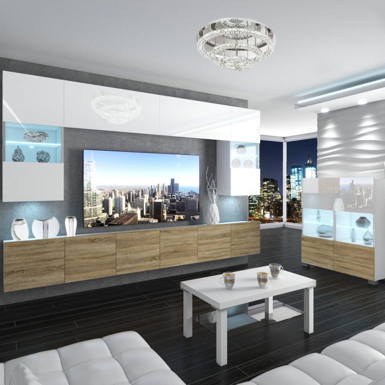 Parete attrezzata Belini Premium Versione completa Bianco lucido-Rovere Sonoma + Illuminazione LED Nexum 4 Produttore NEX 1/0/W/WDS/0/0/PP
