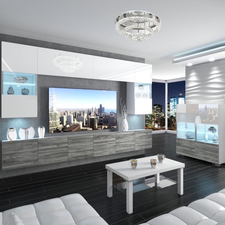 Parete attrezzata Belini Premium Versione completa Bianco lucido / Grigio antracite Glamour Wood + Illuminazione LED Nexum 133 Produttore NEX 1/0/W/WGW1/0/0/PP