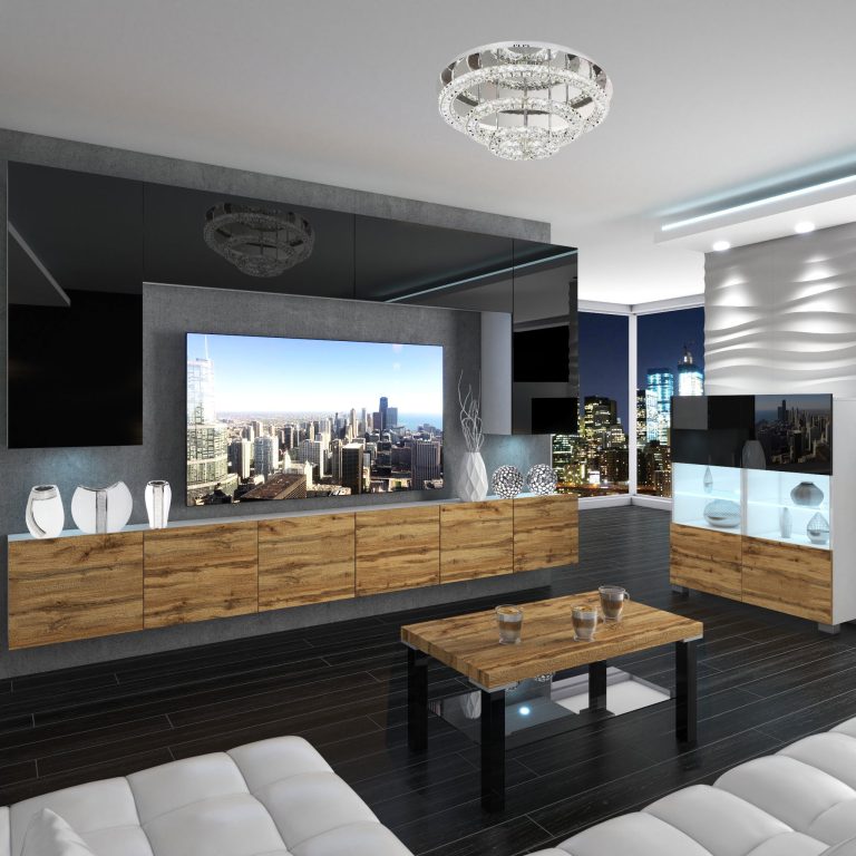 Parete attrezzata Belini Premium Versione completa Nero lucido/ Rovere Wotan + Illuminazione LED Nexum 29 Produttore NEX 2/0/W/BDW/0/0/ PP