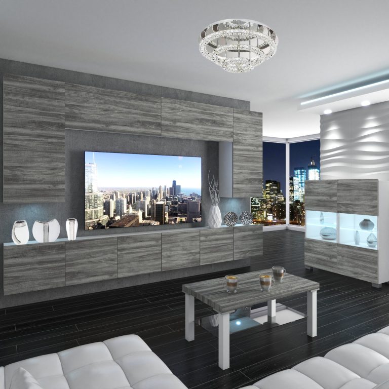 Parete attrezzata Belini Premium Versione completa Grigio antracite Glamour Wood + Illuminazione LED Nexum 33 Produttore NEX 2/0/W/GW1/0/0/PP