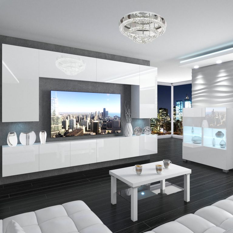Parete attrezzata Belini Premium Versione completa Bianco lucido + Illuminazione LED Nexum 19 Produttore NEX 2/0/W/W/0/0/PP