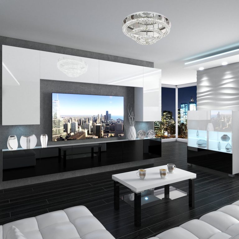 Parete attrezzata Belini Premium Versione completa Bianco lucido-nero + Illuminazione LED Nexum 18 Produttore NEX 2/0/W/WB/0/0/PP