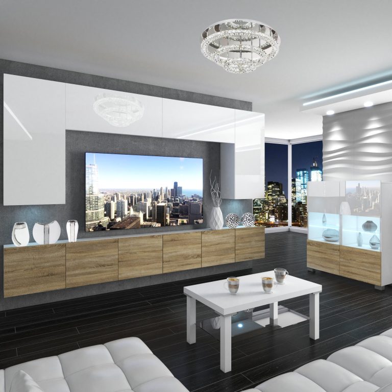 Parete attrezzata Belini Premium Versione completa Bianco lucido-Rovere Sonoma + Illuminazione LED Nexum 21 Produttore NEX 2/0/W/WDS/0/0/PP