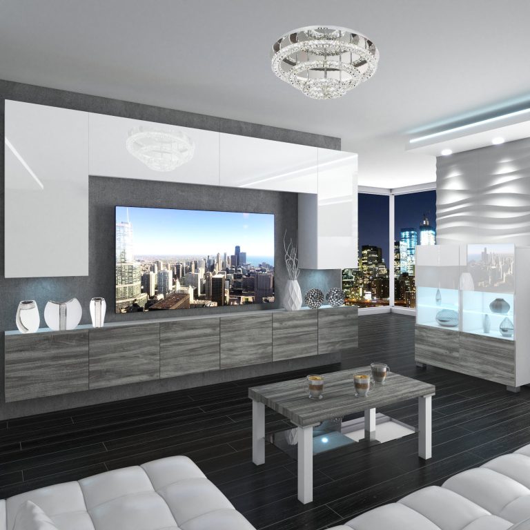 Parete attrezzata Belini Premium Versione completa Bianco lucido-Grigio antracite Glamour Wood + Illuminazione LED Nexum 20 Produttore NEX 2/0/W/WGW1/0/0/PP