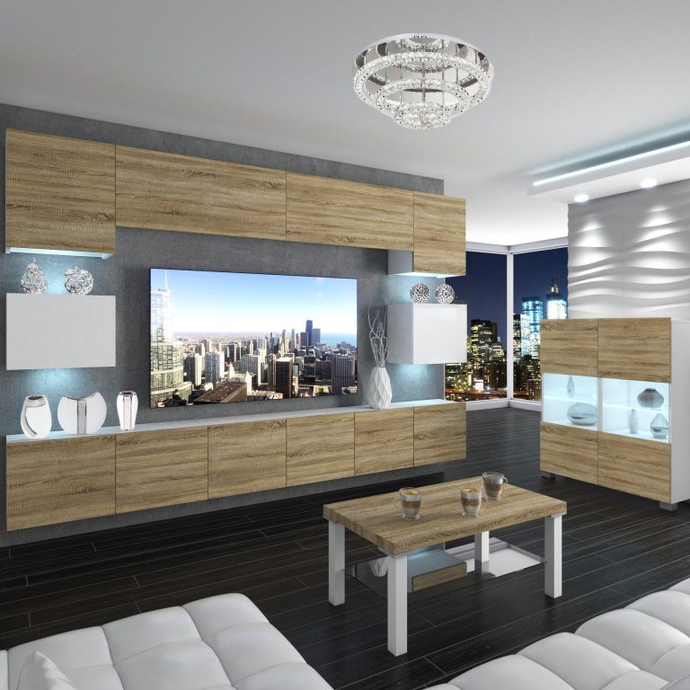 Parete attrezzata Belini Premium Versione completa Rovere Sonoma-Bianco lucido + Illuminazione LED Nexum 41 Produttore NEX 3/0/W/DSWDS/0/0/PP