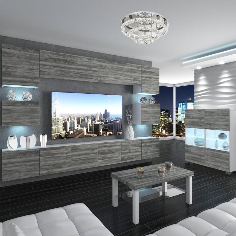 Parete attrezzata Belini Premium Versione completa Grigio antracite Glamour Wood + Illuminazione LED Nexum 49 Produttore NEX 3/0/W/GW1/0/0/PP